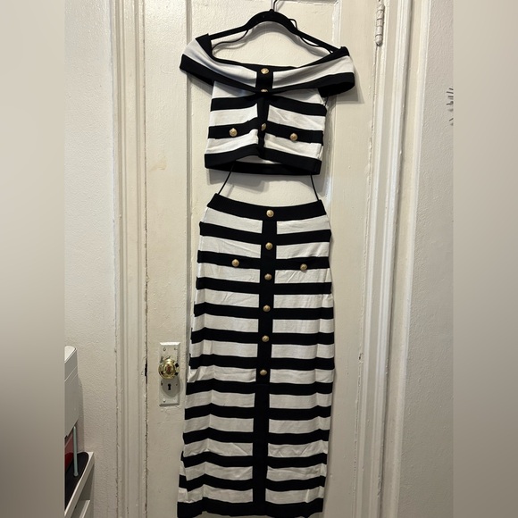 Black and White Striped Women's Skirt Set with off the shoulders top. - Picture 7 of 7